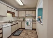 Thumbnail 18 of 25 - Grand Forks Primrose Apartments. A kitchen with a white stove top oven next to a sink and a dishwasher