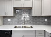 Thumbnail 8 of 23 - A kitchen with a black dishwasher and a stainless steel sink.