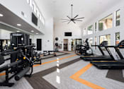Thumbnail 23 of 36 - a gym with weights and cardio equipment in a building with tall windows