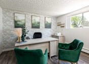 Thumbnail 33 of 35 - an office with green chairs and a desk and a window