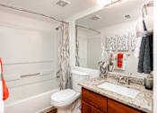 Thumbnail 11 of 50 - a bathroom with a shower toilet and sink and a mirror