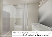 Thumbnail 3 of 34 - A modern bathroom with a white tub and a glass shower.