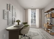 Thumbnail 7 of 39 - A room with a desk, chair, and shelves.