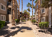 Thumbnail 18 of 43 - a walkway between two apartment buildings with palm trees