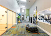 Thumbnail 41 of 87 - a gym with a tire and balls on the floor and a treadmill