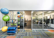 Thumbnail 44 of 87 - a gym with weights and cardio equipment and glass doors