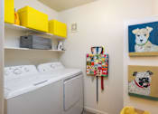 Thumbnail 23 of 43 - a laundry room with a washing machine and a painting of a dog