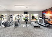Thumbnail 33 of 47 - a gym with treadmills and other exercise equipment in a building with windows
