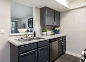 Thumbnail 4 of 36 - a kitchen with black cabinets and a sink and a window