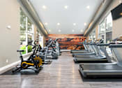 Thumbnail 19 of 36 - a gym with cardio machines and a wall mural of a mountain