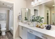 Thumbnail 22 of 42 - a bathroom with a large mirror and a toilet