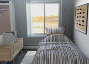 Thumbnail 7 of 17 - Studio elite bedroom area, with plush carpeting, large window, and spacious layout