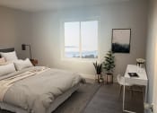 Thumbnail 4 of 17 - Cedarvale Highlands One bedroom Elite with grey walls, plant flooring, view of street, with desk and large bed