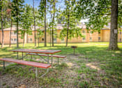 Thumbnail 11 of 23 - A picnic table is in the foreground of a grassy area with trees and a building in the background at Potomac Ridge Apartments, Virginia