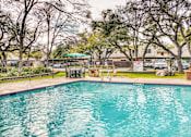 Thumbnail 3 of 37 - Swimming pool with patio seating and mature trees at Le Montreaux Apartments, Texas