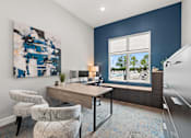 Thumbnail 9 of 30 - A room with a blue wall and a painting on it.
