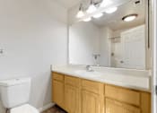 Thumbnail 94 of 137 - a bathroom with a toilet and a sink and a mirror
