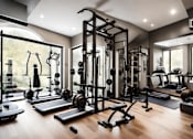 Thumbnail 9 of 16 - A well-equipped gym with a variety of exercise machines and weights.
