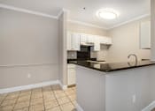 Thumbnail 16 of 25 - A kitchen with white cabinets and a black countertop. at Puller Place Apartments, Jacksonville