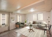 Thumbnail 1 of 14 - A living room with a white couch, a green armchair, and a wooden coffee table.