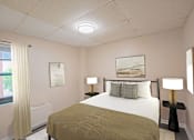 Thumbnail 12 of 14 - A bedroom with a bed, two lamps, and a painting on the wall.