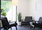 Thumbnail 17 of 19 - A room with black chairs and a potted plant.