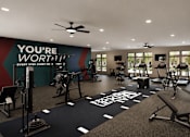 Thumbnail 8 of 35 - A gym with a variety of equipment and a motivational message on the wall.