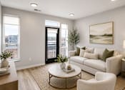 Thumbnail 3 of 40 - A living room with a white couch, a coffee table, and a painting on the wall.