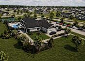 Thumbnail 29 of 35 - A bird's eye view of a residential area with houses, cars, and a swimming pool.