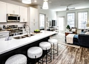 Thumbnail 9 of 58 - Studio, one, and two-bedroom apartment homes with stainless steel appliances, quarts countertops, designer cabinetry, large kitchens, luxury vinyl plank flooring, high vaulted ceilings, high-end lighting, in-unit washer and dryer, and energy efficient windows at Fireside at Waukee in Waukee, IA
