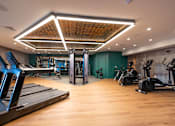 Thumbnail 16 of 22 - A gym with treadmills, weights, and exercise equipment.