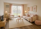 Thumbnail 3 of 30 - A living room with a sofa, armchair, and coffee table.