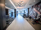 Thumbnail 19 of 31 - a gym with exercise equipment and a wall mural of bikes