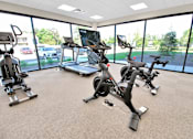 Thumbnail 24 of 38 - A gym with treadmills, elliptical machines, and stationary bikes.