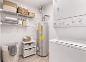 Thumbnail 11 of 29 - A laundry room with a washer and dryer, a basket, and a towel.