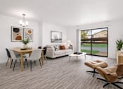 Thumbnail 3 of 29 - A modern living room with a dining table and chairs.