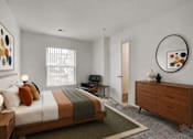 Thumbnail 17 of 39 - A bedroom with a bed, a chair, a dresser, and a painting on the wall.