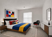 Thumbnail 19 of 39 - A bedroom with a bed, chair, and a painting on the wall.