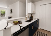 Thumbnail 3 of 87 - A modern kitchen with black cabinets and white countertops.