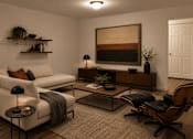 Thumbnail 12 of 20 - A living room with a white couch, a black chair, and a painting on the wall.