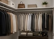 Thumbnail 9 of 20 - A closet with a brown shelf and clothes hanging.