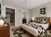 Thumbnail 36 of 58 - A bedroom with a bed, nightstands, and a rug.