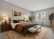 Thumbnail 56 of 87 - Bright bedroom with midcentury modern decor at Village Club of Farmington Hills Apartments, Farmington Hills, MI