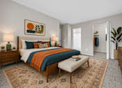 Thumbnail 57 of 87 - Spacious bedroom with walk-in closet and midcentury furnishings at Village Club of Farmington Hills Apartments, Michigan, 48331