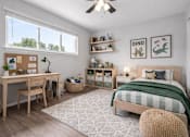 Thumbnail 13 of 33 - A bedroom with a bed, desk, and chair.