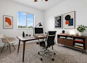 Thumbnail 12 of 33 - A modern home office with a desk, chair, and bookshelf.