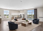 Thumbnail 6 of 64 - A modern living room with a large window and a view of the city.
