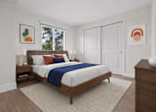 Thumbnail 8 of 14 - A bedroom with a bed, nightstands, and two framed pictures on the wall.