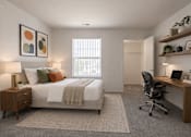 Thumbnail 11 of 24 - A bedroom with a bed, desk, and chair.