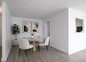 Thumbnail 6 of 31 - A dining room with a table and chairs.